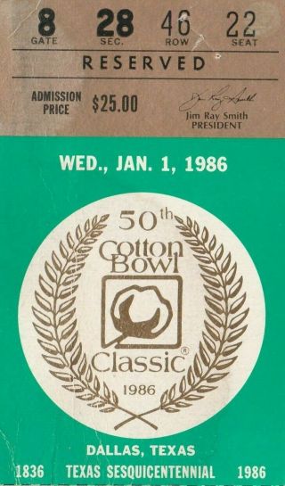 Old Vintage 1986 Cotton Bowl Classic Ticket Stub Auburn Vs Texas A&m