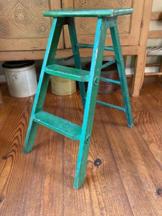 Antique / Vintage Rustic Primitive Wood 2 Step Folding Ladder Old Green Paint