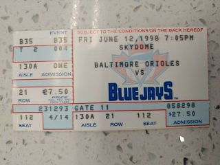 6/12/98 Baltimore Orioles Toronto Blue Jays Ticket Stub Mussina Win Stanley 2 Hr