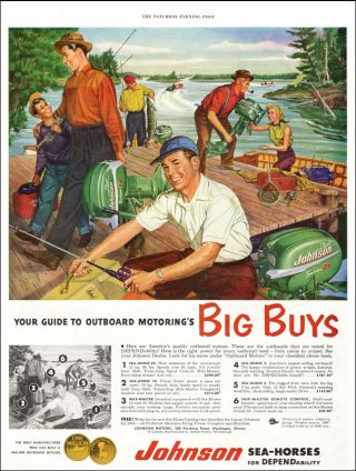 1953 Vintage Boating Ad Johnson Sea Horse Outboard Motors Art 121619