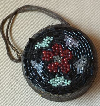 Antique Victorian Beaded Wristlet Compact Dance Coin Purse Wrist Strap Flower