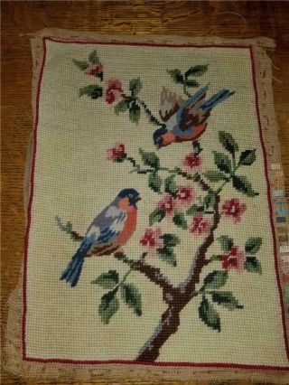 Vintage Completed Needlepoint & Petit Point 14x10 Birds On Branch Flowers Leaves