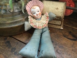 Antique Vintage Porcelain Head Half Doll Pin Cushion With Blue & Pink Silk