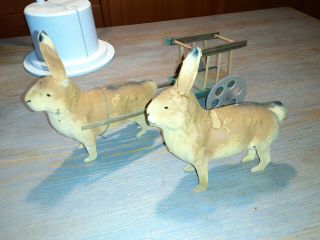 Antique West German Papier Paper Mache Easter Rabbits And Cart