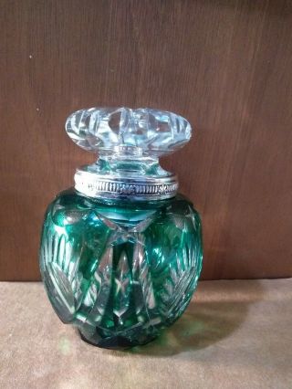 Antique Victorian Green To Clear Cut Glass Inkwell W/ Cut Glass Lid
