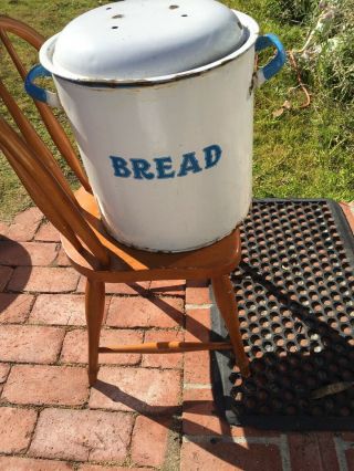 Antique White Enamel Bread Box Tin Pot Farmhouse Round
