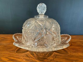 Vintage Clear Pressed Glass Covered Butter Cheese Dish Plate & Dome Lid