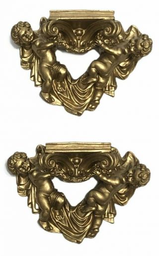 Vintage French Provincial Small Wall Shelf Sconce Naked Cherub Angel Set Of 2