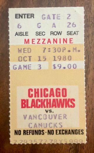 Nhl Vancouver Canucks Vs Chicago Black Hawks Ticket Stub - October 15,  1980