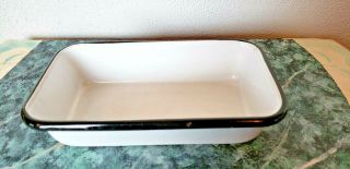 Vintage Small White Enamel Black Trim Rectangular Loaf Pan 8 1/2 " X 5 " X 1 - 3/4 "