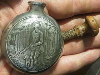 Antique French ? Powder / Lead Shot Flask ? - Hunter In Forest,  Rifle Dog Rabbit