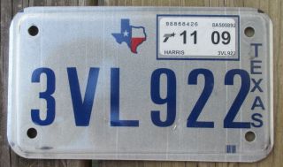 Texas Motorcycle License Plate - Expired 11/2009 - Harris County - 3vl922