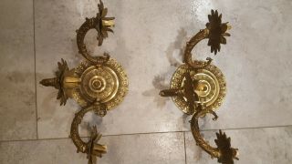 Vintage Wall Candle Sconces Ornate Antique Gold Tone Metal Wall Holders - 2