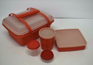 Tupperware Lunch Box Pack N Carry Complete Orange Red 4 Containers Vintage