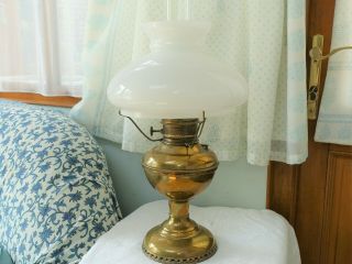 Miller Vestal Brass Table Oil Lamp With Shade And Chimney.  Circa 1902.