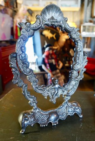 Vintage Tilt French Style Cast Metal Vanity Table Mirror Cherub Decor Heavy