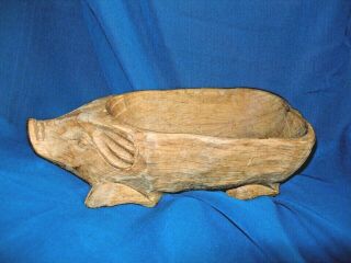 Vintage 9” Carved Solid Wood Pig Bowl Hand Carved Wooden Centerpiece