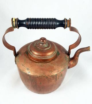 Old Northern European Antique Copper Tea Pot Kettle W/ Turned Wood Handle