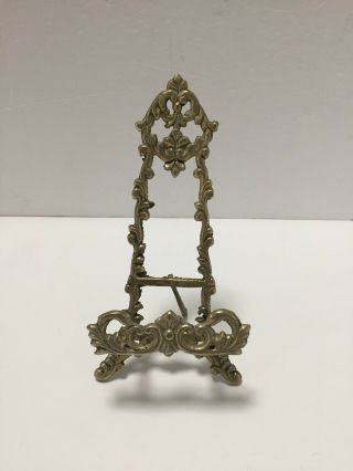 Vintage Solid Brass Easel Ornate Art Display Stand 6.  5” Tall