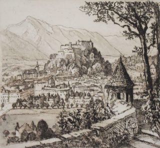 Lovely Antique Hand Colored Etching Of Salzburg Austria In Sepia Tones