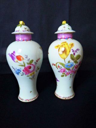 Antique Meissen Porcelain Germany Two Hand Painted Lidded Flower Vases 1850 