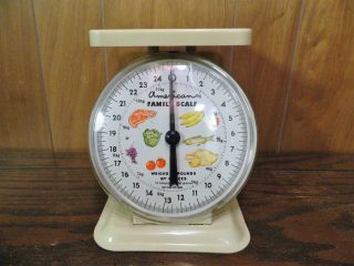 Vintage American Family Metal Kitchen Scale 25 Lbs/11 Kg Tan Color Illustrations