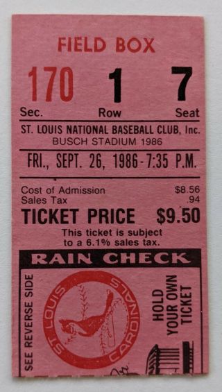 1986 St Louis Cardinals Vs Chicago Cubs Ticket Stub 9/26