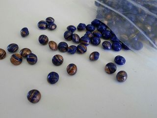 200 Tiny Vintage Glass Buttons Dark Cobalt Blue Brushed With Copper 1/4 " Diam.