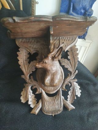 Old Antique Vintage Black Forest Carved Wooden Wood Stag Deer Head Shelf Plinth