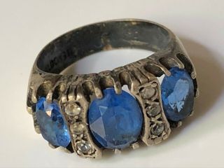 Antique Vintage Victorian Gold On Sterling Silver & Blue Stone Gypsy Ring Size K