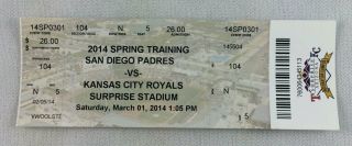 Mlb 2014 03/01 San Diego Padres Vs.  Kansas City Royals Spring Training Ticket