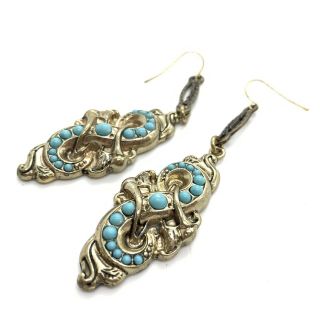 Antique Victorian Gilt Metal And Turquoise Glass Heavy Earrings 49