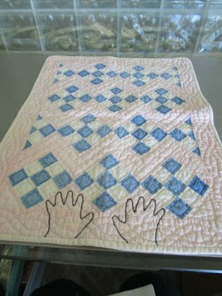 Antique/vintage Baby/doll Quilt Hand Quilted 15 " X18 9/16 " Pink - Blue - White