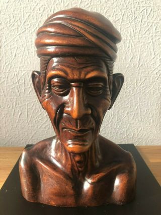Vintage Indian? Carved Wood Bust Of A Man - Signed