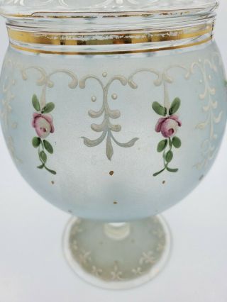 Vintage Hand Painted Floral Frosted Glass Compote Covered Glassware 8  T