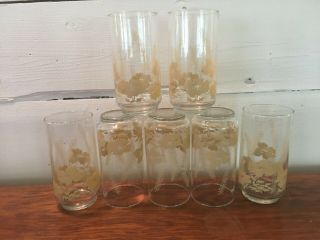 Set Of 7 Vintage Libbey Clear Glass Tumblers With Cream Yellow Fern Flowers