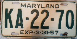 Maryland 1957 License Plate Quality Unrestored