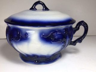 Flow Blue Chamber Pot W/ Handle & Lid / 8.  25 " X 8 " / Antique / Unmarked