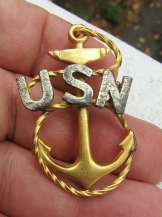 Vintage Sterling Silver Gold Plated Usn United States Navy Anchor Pin Slanted N
