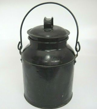 Antique 1930s Cream Milk Can W Lid Bale Wire Handle Painted Black 8.  5 "