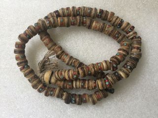 108 Antique Tibetan Nepal Buddhist Turquoise Coral Inlaid Yak Bone Mala Beads