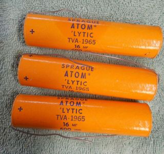 Three 1965 Sprague Atom Lytic 16 Mf,  600 Vdc 7117l Capacitors Vintage