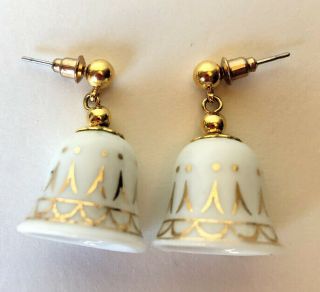 Vintage Christmas Bell Ceramic Earrings White With Gold Enamel Length 1.  25 " Inch