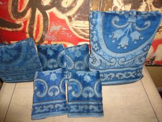 VINTAGE LADY PEPPERELL BLUE JACQUARD SCROLL (8PC) SET BATH,  HAND TOWELS,  WASH 2
