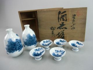 Vintage Japanese Porcelain Sake Set Of 2 Bottles And 5 Cups W/wooden Box Px71