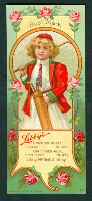 1900s Golf Bookmark Trade Card Libby Meats Usa Chicago Antique Clubs And Bag
