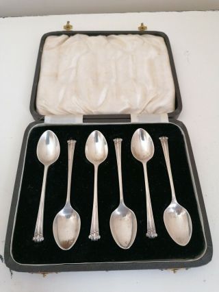 Art Deco Set Of 6 Solid Silver Tea Spoons In Leather Display Case Box