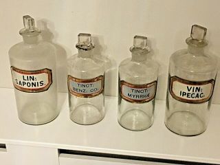 Antique Apothecary Chemist Bottles X 4 With Stoppers Good Display