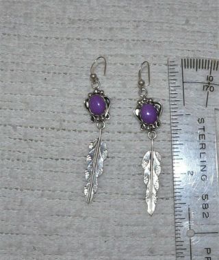 Vtg Navajo Sterling Silver Purple Turquoise W/feather Earrings Signed By A Lee