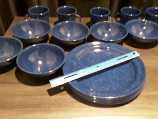 Vintage Blue Camping Dishes 19 Pc - 6 Ea Plates,  Cups,  Bowls,  Coffeepot